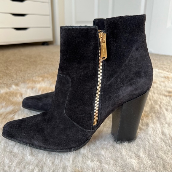 BALMAIN Paris Bootie 40 ROUSTEING black suede dual gold zip chunky heel Block 9 - Picture 11 of 13